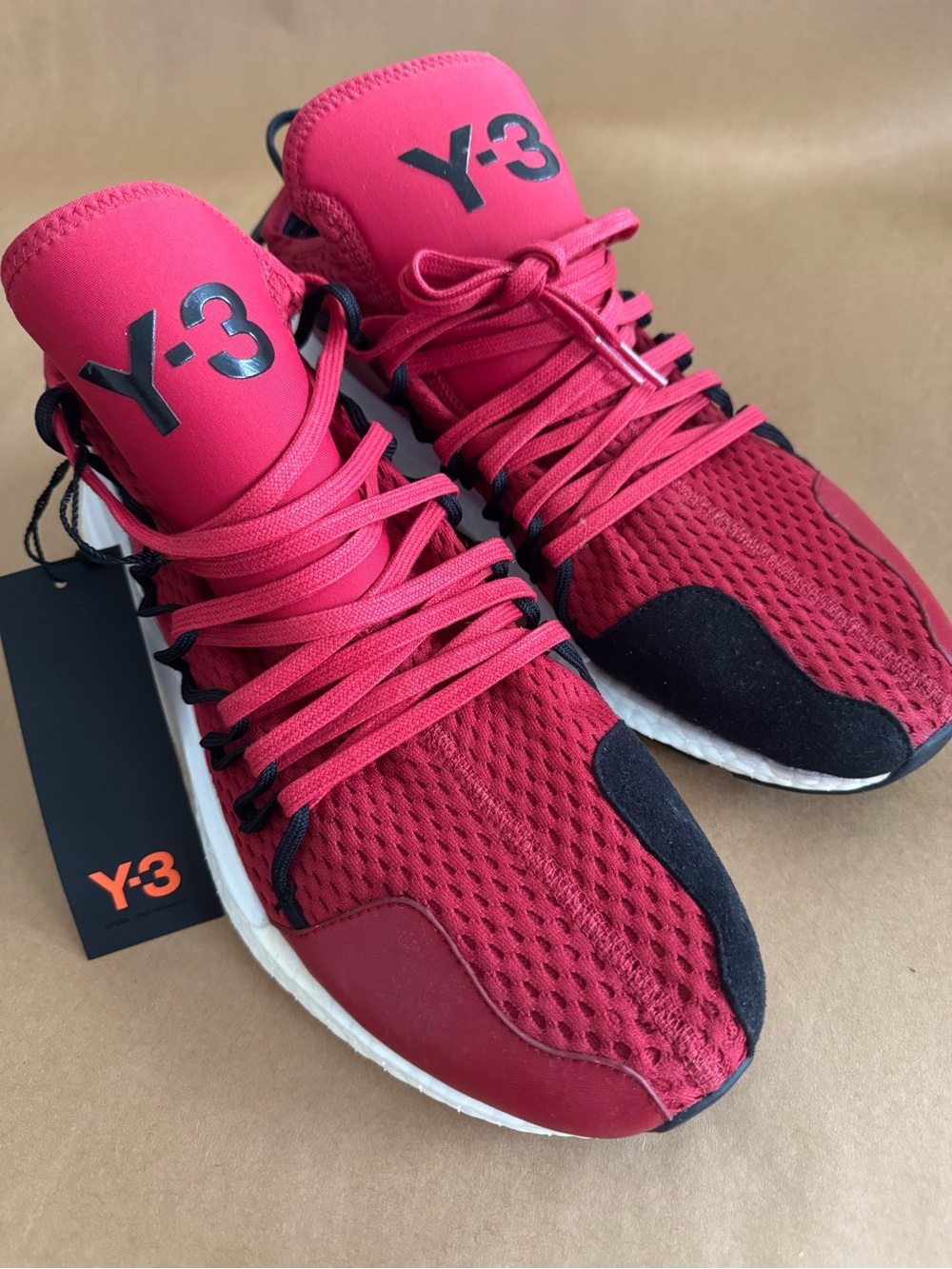 Y-3 Women's Red and Black Knit Athletic Sneakers